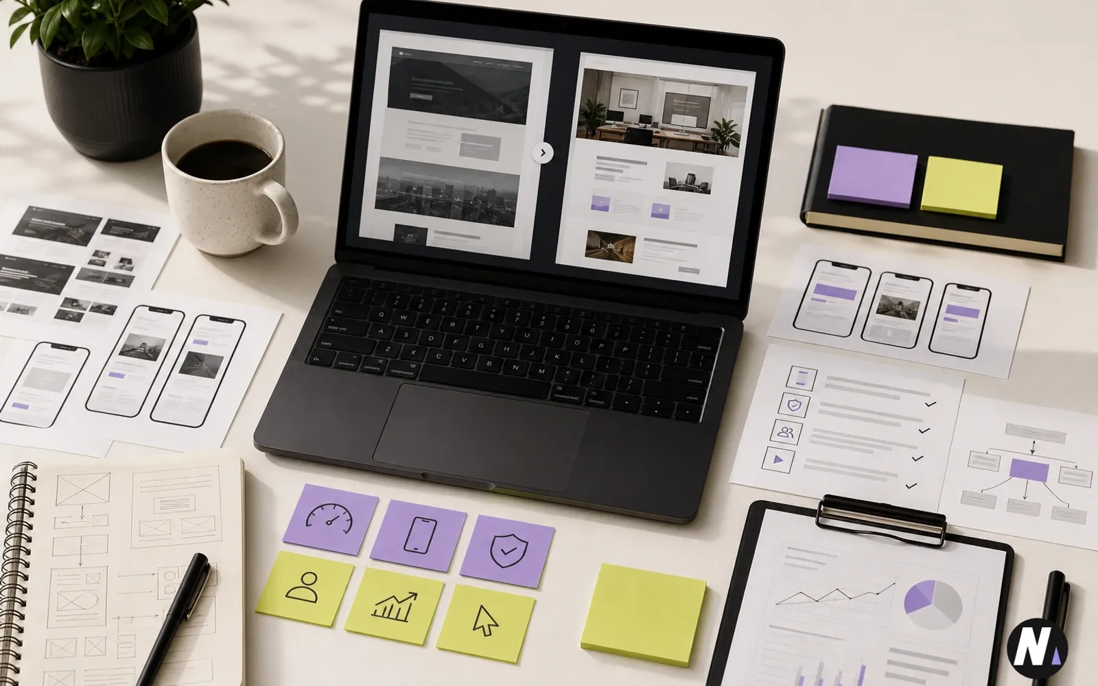 Premium Naman Modi workspace showing a business website redesign audit with laptop mockups, mobile previews, UX notes, SEO papers, conversion cards, and approval checkpoints