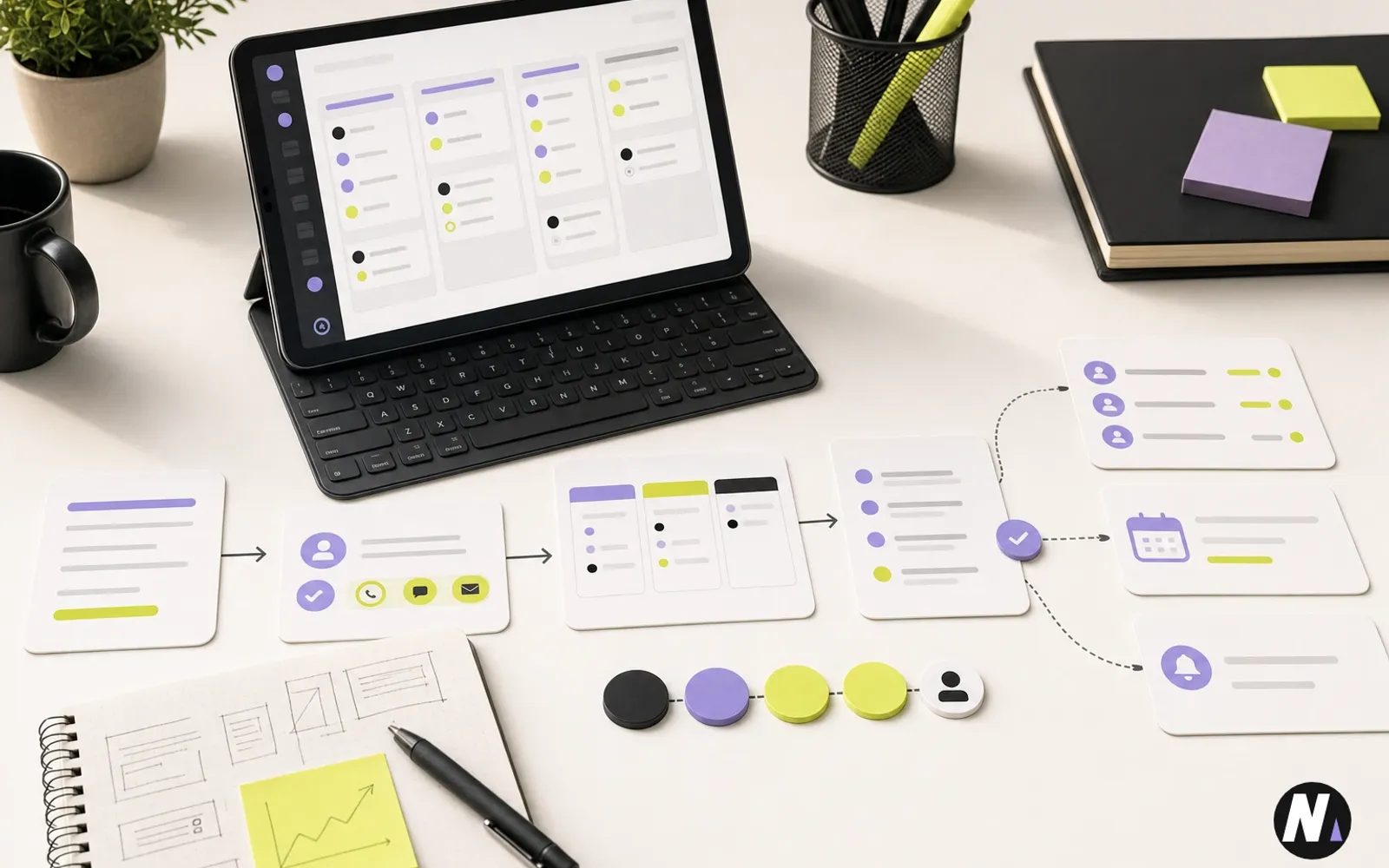 Premium Naman Modi workspace showing CRM pipeline, lead routing cards, follow-up tasks, and service business automation flow