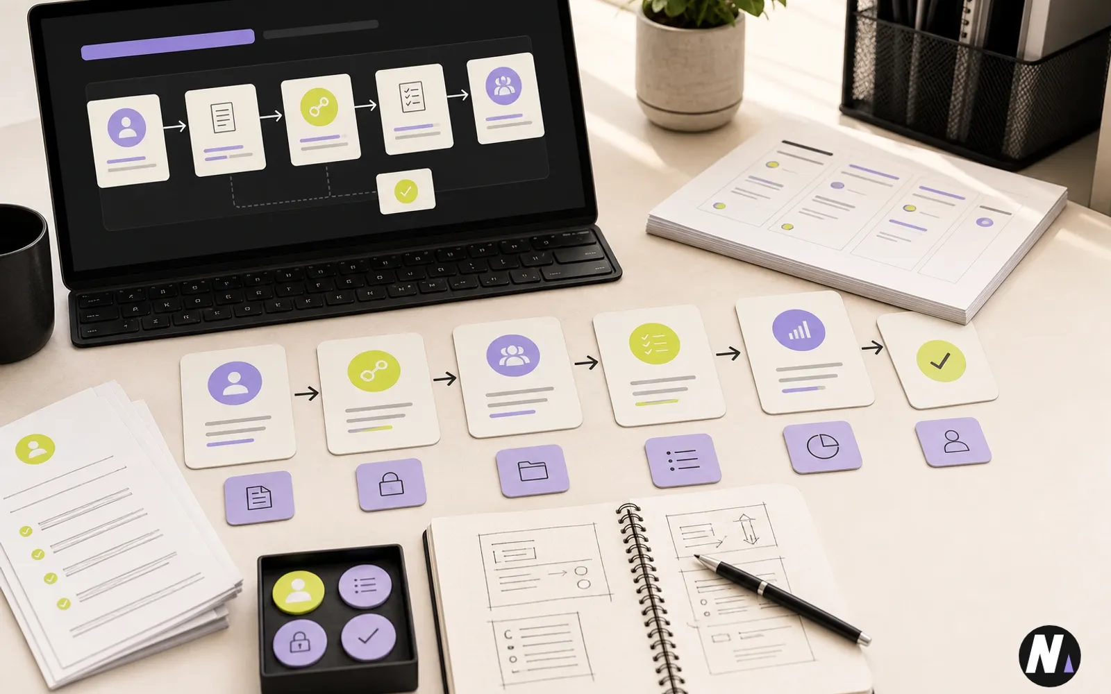 Premium Naman Modi workspace showing agency onboarding cards, access handoffs, task board pieces, and workflow automation steps