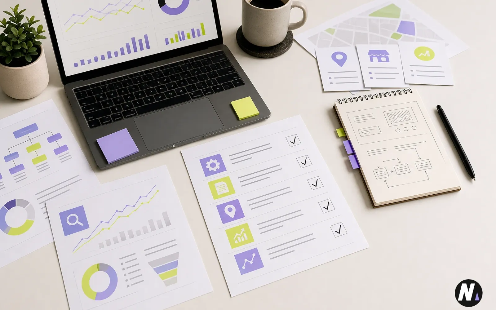 Premium Naman Modi workspace showing SEO audit reports, service page checks, local visibility cards, and reporting charts