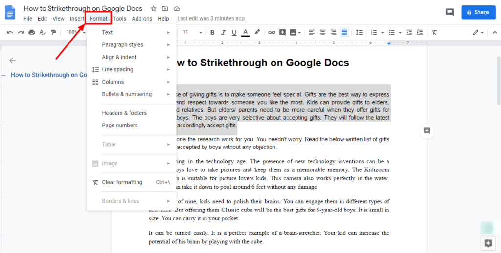 command for strikethrough google docs