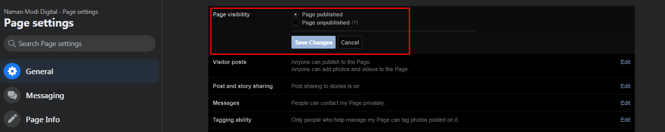 how to delete facebook - Page visibility